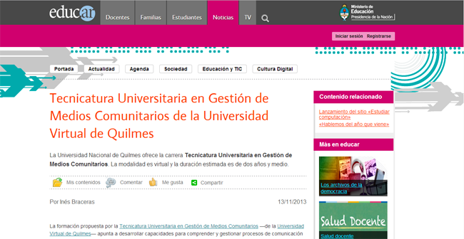 "Tecnicatura Universitaria en gestión de Medios Comunitarios de la Universidad Virtual de Quilmes" - Portal EDUC.AR "Tecnicatura Universitaria en gestión de Medios Comunitarios de la Universidad Virtual de Quilmes" - Portal EDUC.AR